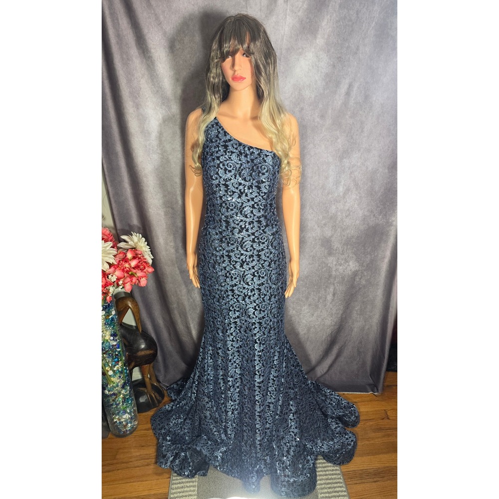 Metallic‎ Blue Sequin Lace One Shoulder Mermaid Evening Gown Formal Dress